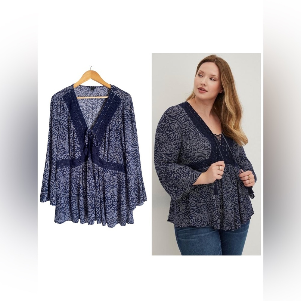 Torrid Lace-Up Babydoll Top Crinkle Gauze Animal Navy women’s Plus Size 2X - Picture 3 of 9